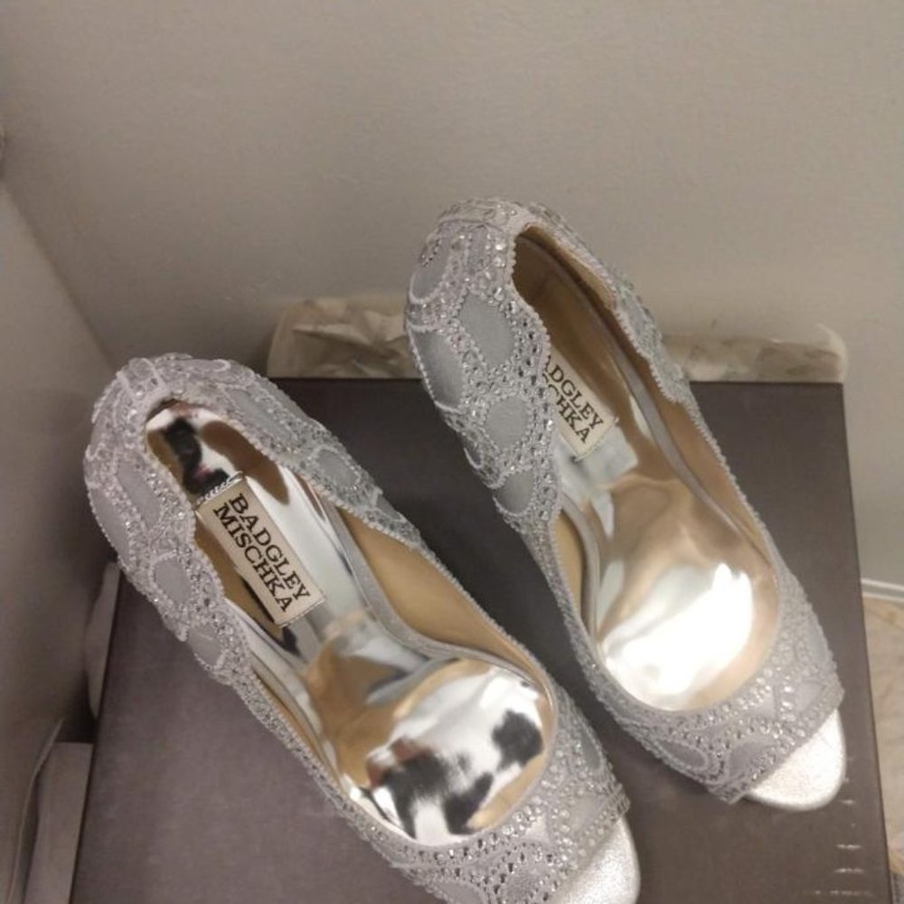 Badgley Mischka Karma Ii Embellished Shimmer-suede Pump Platforms - Picture 12 of 13